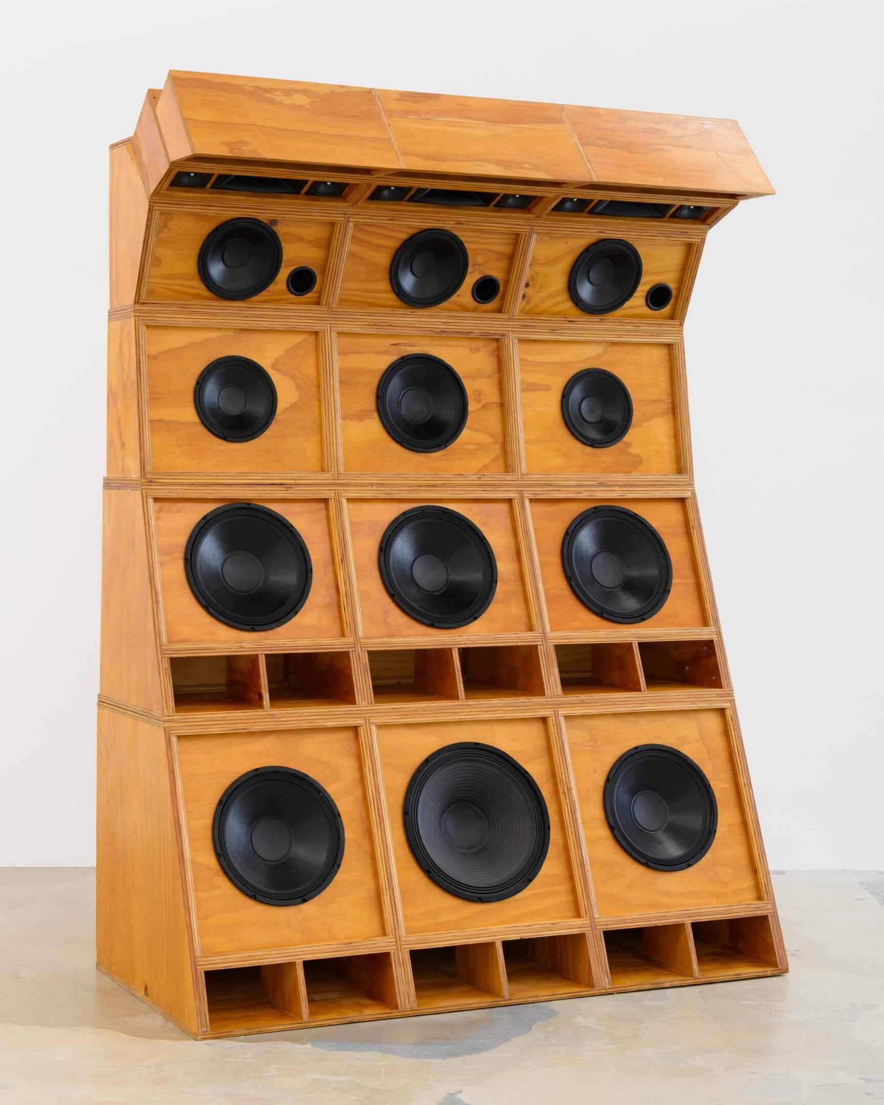 Cosmo Whyte (b. 1982, St. Andrew, Jamaica; lives in Los Angeles, CA), Sole Imperial (For Patrick Johnson), 2019, plywood, twelve speakers, three horns, fifteen tweeters, and sound composition; 31 minutes, 28 seconds; 8 1/2 × 6 × 4 feet. Sound Engineers: Kareem Johnson and Patrick Johnson. Photograph by Mason Kuehler and image courtesy of the artist and Anat Ebgi, Los Angeles / New York.