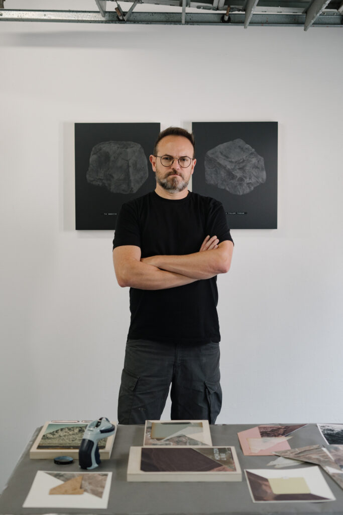 Marcelo Moscheta in front of To “Observe a Territory” (2025) and “To Follow Thorns (2025).” (Photo by Karli Evans, courtesy of Fountainhead Arts). 